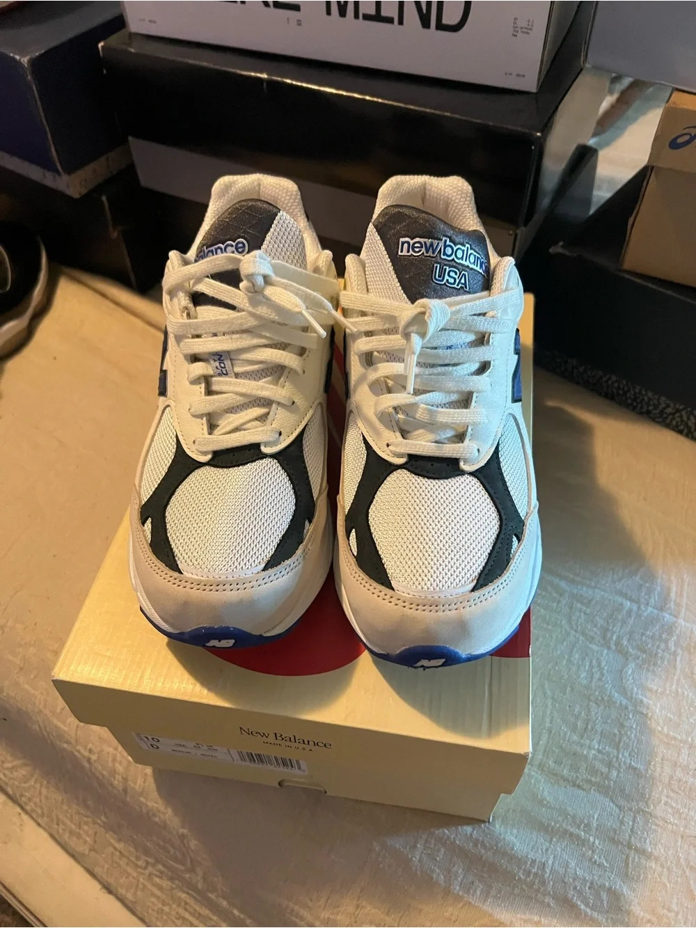 New Balance Teddy Santis 990v3 White and Blue Athletic Sneakers
